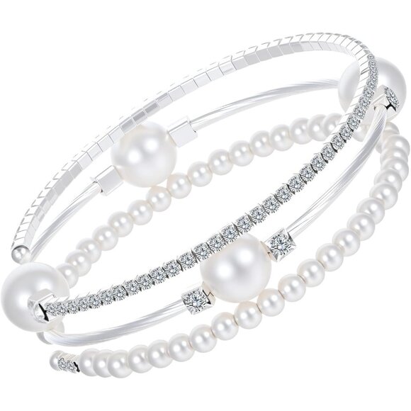 Three-Layer Pearl and Rhinestone Bracelet - Exquisite Silver Stackable Elegance - Picture 1 of 7